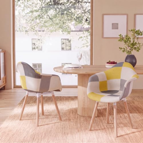 HJhomeheart 2er Esszimmerstühle aus Patchwork-Stoff mit Armlehnen, moderner Design-Sessel, skandinavischer Küchenstuhl aus Buchenholz (A5-Gelb)