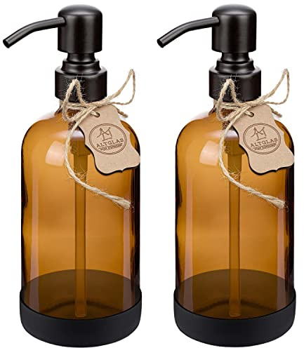ALTGLAS Glas Seifenspender 'Sarajevo' mit Edelstahl Pumpkopf + Untersetzer | Schwarz / Braun Glas • 2x 500ml • Schwarzer Silikon Untersetzer • mit 8 selbstklebenden Etiketten • Plastikfreie Verpackung