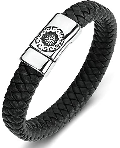 Ayoiow Männer Armband Indianer, Armkette Herren Edelstahl Männer Armbänder Leder Schwarz Flechtarmband mit Blumen Muster