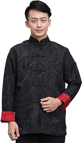 DLSNZ Men's Traditional Chinese Kung Fu Clothing Hanfu & Tang Suit Jacket Wing Chun Uniform Martial Arts Coats (Black+Wine Red, Small)