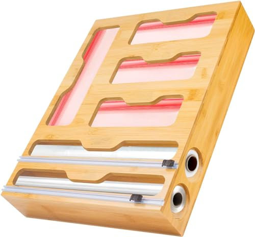 LudoHome Folien- und Bambusfolienspender mit Schneidemaschine, Gefrierbeutel-Organizer, 6-in-1 Küchenorganizer, 4 Fächer für Zip-Beutel und 2 Schneidemaschinen für Folie und Aluminium.
