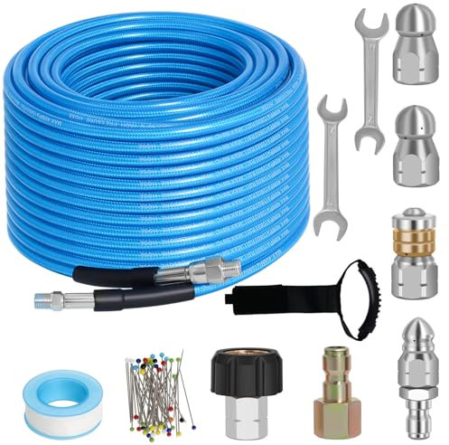 30 m Abwasserstrahl-Set für Hochdruckreiniger, 5800 PSI Wasserstrahl-Abflussreiniger-Schlauch, 0,6 cm NPT-Ecke mit 4 Abwasserstrahldüsen, Perlen-Ansteckstift, wasserdichtes Klebeband, Griffschlaufe