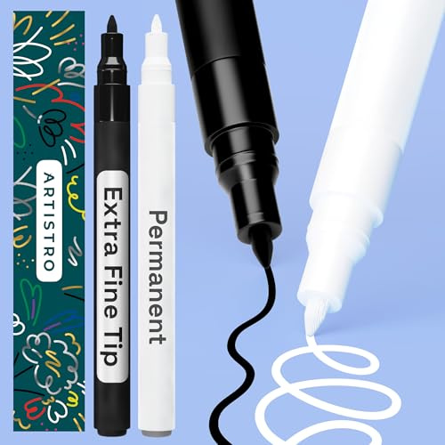 ARTISTRO Permanent Marker - Waterproof Markers for Tire, Fabric, Rocks, Glass, Ceramic, Wood, Paper - Oil Based Paint Pens 2 Black & White Extra-Fine Tip