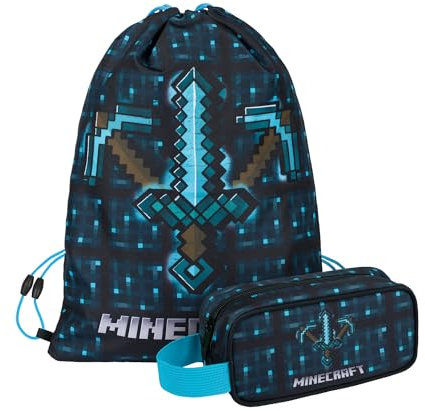 Baagl Minecraft Federmäppchen und Turnbeutel Set 2 Teilig für Jungen und Mädchen, Schule Mäppchen, Gymsack, Federmappe, Schuhbeutel, Federtasche für Teenager, Kinder Etui (Blue Axe and Sword)