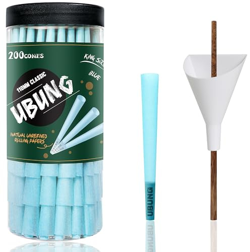 UBUNG Blue Cones 200 Pcs, Classic King Size Blue Slow Burning Pre Rolled Cones With Tips, Blue Rolling Papers Cones, 1 Cone Loader Funnel and 1 Push Rod Included