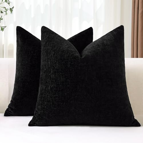 JOTOM Set med 2 kuddöverdrag 40 x 40 cm mjuk chenille svart dekorativt kuddöverdrag 40 x 40 cm fyrkantigt kuddöverdrag enfärgade örngott för soffa soffa vardagsrum säng heminredning (svart)