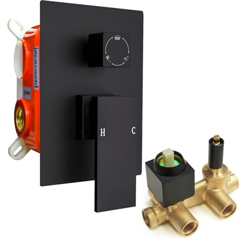 3 Way Shower Mixer Valve, Square Dual Function Shower Diverter Mixer Valve, Wall Mount Shower Faucet Rough-in Valve Bathroom Trim Kit Matte Black - GETSHOWERSET