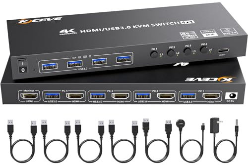 HDMI KVM Switch 4 Computers 4K@60Hz 2K@120Hz, Simulation EDID, MLEEDA 4 Port USB3.0 KVM Switches for 4 PC Share 1 Monitor and Keyboard Mouse Printer,with Wired Remote,12V Power Adapter and 5 Cables