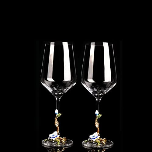 Pintado a mano esmalte copas de vino con caja de Copa roja con flor de esmalte, copas de cristal sin plomo con tallo de copa de diamantes de imitación, copa de vino de 450 ml, decantador de 1500 ml, c
