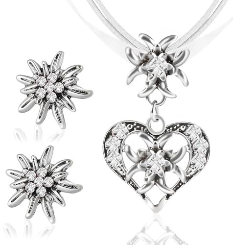 GUBOOM 3 Stück Trachtenschmuck Damen Set, Trachtenkette Damen Oktoberfest, Bayerisch Dirndlschmuck Trachtenkette, Oktoberfest Accessoires Kette Schmuck mit Herz Anhänger und Ohrstecker (weiß)