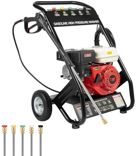WSIKGHU Nettoyeur haute pression à essence 7,5 CV, nettoyeur avec lance pression + 5 buses + kit de tuyau 8 m, kit professionnel pour terrasses