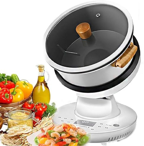 Machine de cuisson automatique, machine à riz frit au wok de cuisson électrique de 8L, démarrage en un clic, 3 vitesses réglables,rotation automatique à 360 °pour faire sauter,mijoter,cuire