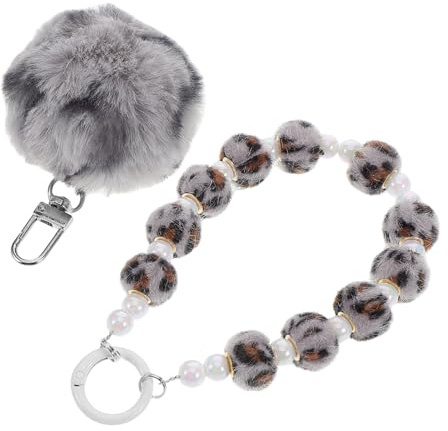 JECOMPRIS Leopard Keychain Flauschiger Pom Pom Schlüsselanhänger Mit Perlenarmband Taschen-Schlüsselbundzubehör Für Damen Als Taschenanhänger Oder Telefon-Dekoration