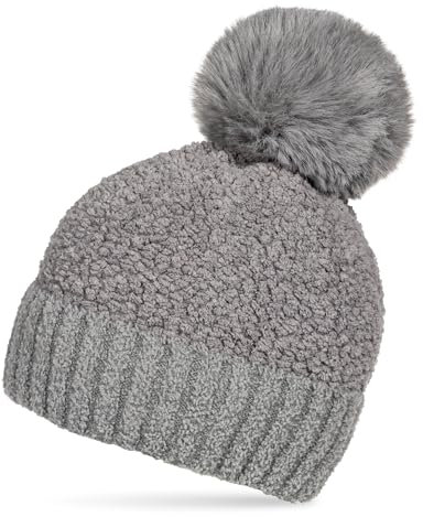 Caspar MU220 Warme Damen Bommelmütze mit Teddy-Fleece und Bouclé Muster, Farbe:grau, Hutgröße:One Size