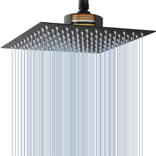 Voolan Rain Shower Head with Filter, High Flow Large Rainfall Shower Heads Made of Stainless Steel, Waterfall Filtered Showerhead for Hard Water (10 Black)