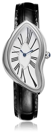 Gosasa Creative Melting - Orologio da polso analogico al quarzo per uomo, elegante, cinturino in vera pelle, quadrante con numeri romani, impermeabile, per business, casual, da cerimonia, argento