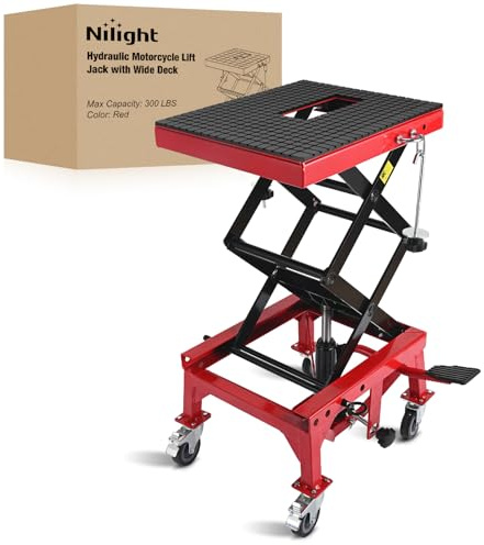 Nilight Motorcycle Lift Table Jack 300 LBS Heavy Duty Hydraulic Motorcycle Scissor Jack Lifts Table Foot Pedal with 4 Caster Wheels Wide Deck for Motorbike Dirt Bike ATV Garage Repair Tool, Red
