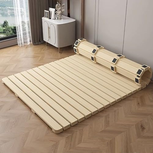 Folding Bed Frame, Natural Solid Wood Bed Frame,Japanese Platform Bed Frame Wooden Slatted Pallet Floor Bed, Roll-Up Slatted, 79 Lx39.4 W