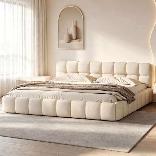 BRILVERDE Sängklädsel, 140 x 200 cm, bubbelsäng, dubbelsäng med ribbotten och mjukt ryggstöd, ungdomssäng, platt säng, sängram, linne, utan madrass (beige, 140 x 200 cm)