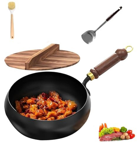 YCYATS Poêle en fer japonaise forgée à la main non revêtue avec couvercle en bois pour cuisson naturelle, pour cuisiner à gaz et cuisinières à induction, couvercle en bois, 24 cm
