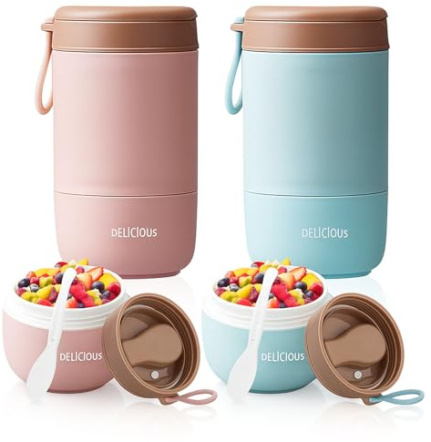 Müslibecher To Go mit Deckel,2 Stk PP-Material Porridge Becher Joghurtbecher to Go mit Löffel, Müsli Cup to Go Becher, Doppelschicht Auslaufsicherer Einmachgläser Perfekt für Arbeit, Schule