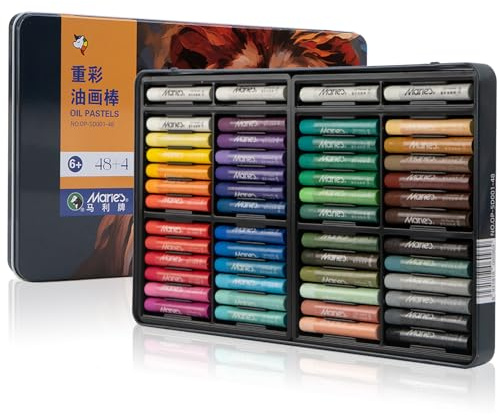 Marie's 48 Colors Oil Pastels with 4 Bonus White Pencils in Tin Box,Vibrant Colors for Smooth Blending & Layering, Oil Pastels for Artists, Students, Teachers & Beginners (10x70mm)