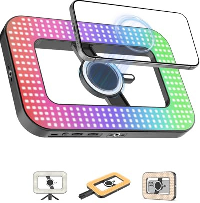 Magnetic 6000mAh RGB Selfie Ring Light for iPhone,448 LED Rechargeable Phone Light with Mini Tripod Stand, Double-Sided Magnet Handheld Stabilizer with Light for Magsafe/Phones/Video/Recording/Photos