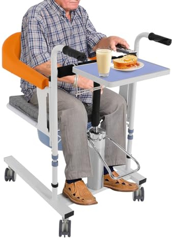 Elevador hidráulico para pacientes, silla de ruedas, 100 kg, altura ajustable, 42 – 60 cm, respaldo plegable 180°, ruedas de freno TPE, producto médico clase 1 para cuidados de enfermería en el hogar