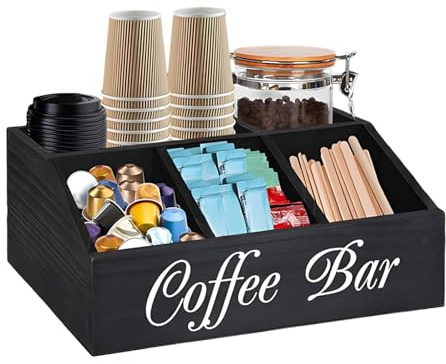 Moreeulsi Organizador de estación de café, C-offee Condiment S-tation, accesorios de bar y encimera Zer, estante de madera, Cof-fee Statio-n O-rOrganizer con separadores extraíbles
