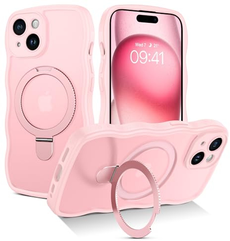GaoBao Cover Magnetica per iPhone 15 con Cavalletto, [Compatibile con Magsafe] Custodia per Telefono con Cornice Ondulata Riccia, Paraurti in TPU Opaco Traslucido, Protettiva Antiurto, Rosa