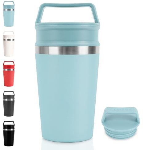 Mug isotherme cafe, 320ml thermos café avec poignée, 304 tasse de voiture avec vouvercle, étanche etcompact, sans BPA, lavable au lave vaisselle pour café chaud et froid, lait et thé (Bleu)