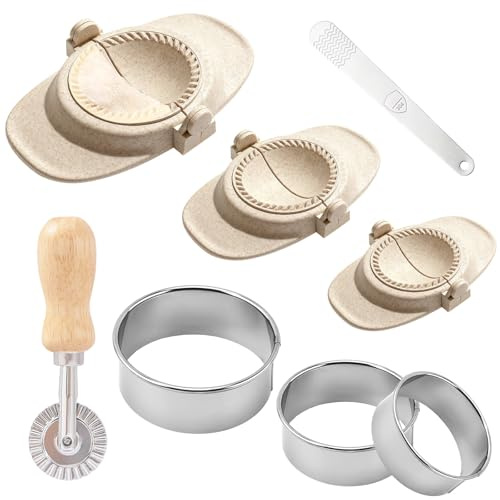 Ravioli Former Dumpling Maker Set 8-teilig, 3 Größen mit Lebensmittelecht Teigrad & Edelstahl Fülllöffel, Teigschneider - Für Dumplings, Gyoza, Wontons, Potsticker, Empanadas