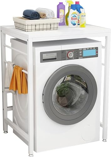 Support pour sèche-linge – Étagère de rangement sur pied pour machine à laver et sèche-linge à chargement frontal – Cadre blanc élégant avec accents noirs