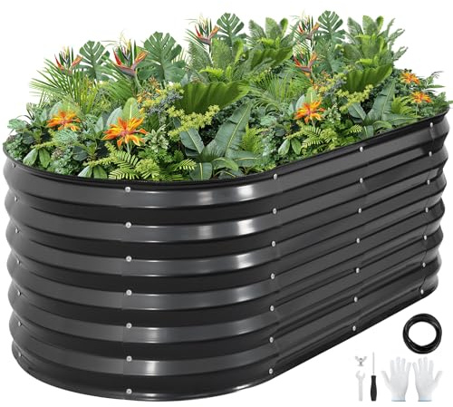 Galvaniserad metall upphöjd trädgårdssängsats – 4 x 2 x 1,4 fot utomhus planteringslåda med säkerhetskant och handskar för grönsaker, frukt, blommor. Grå-1-pack