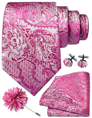 Gusleson Hot Pink Tie Set for Men Silk Paisley Necktie Pocket Square Cufflinks and Lapel Pin Brooch Set for Wedding (UK6114-33)