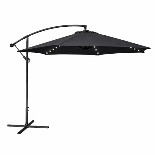 Jack Stonehouse JSH Large 3m Banana Cantilever Parasol with Solar LED Lights | Outdoor Round Hanging Garden Patio Day Sun Umbrella | UV Protection, Crank Handle & Tilt Sunshade (Black)