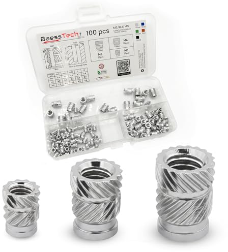 BaessTech 3D-Druck Aluminium Gewindeeinsätze – 100 pcs Heat‑Set Inserts M3 M4 M5 Set– farbig anodisierte Einschmelzgewinde für 3D Druck Teile aus PLA, ABS, PETG (Silber, Sortiment M3 M4 M5-100pcs)