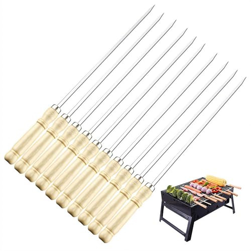 Barbecue Skewers,Stainless Steel Metal Skewers with Wooden Handles, Heavy-Duty 10-Piece Set for Grilling Meat,Vegetables and Outdoor Cooking