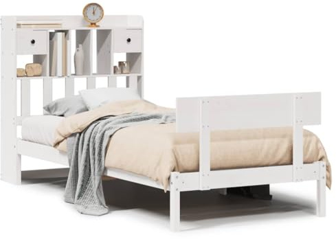 HETFTJN Massivholzbett mit Bücherregal Weiß 75x190 cm Kiefer Einzelbett Gestell für Jugendzimmer Schrankbett Stauraum Modern Robust