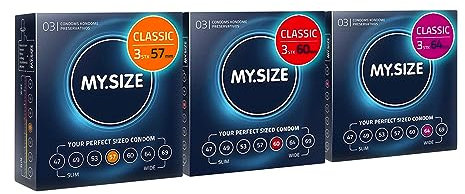 MY.SIZE Classic Premium 3er Probierpackung I 57, 60, 64 mm Breite I 3x3 Stück extra dünn I gefühlsecht hauchzart I dünne 0,07mm Wandstärke I vegan
