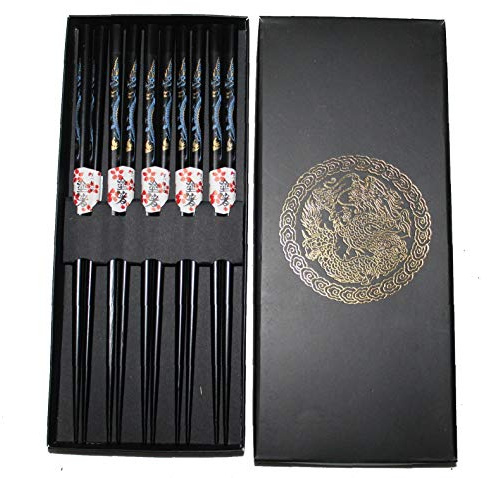 AAF Nommel®, Asia Essstäbchen Geschenkset 5 Paar aus Holz, schwarz, Design Drache, Nr. 045