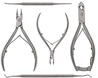 Rhein Instrumente Nagelzange – Podologie-Instrumenten-Set 5-teilig – Fußpflege-Instrument – Nagelzange/Kopfschneider, Eckzange, Hautzange, Eckenheber, Eckfeile, inklusive Schutzkappen