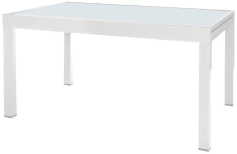 LOLAhome Mesa de Comedor Extensible para jardín Thais, Blanca de 135x90 cm Extensible 270 cm, de Aluminio y Cristal Serigrafiado, Tratamiento Anticorrosión, Elegante y Duradera, para 10 Personas