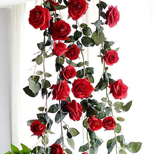Yunhigh seda artificial rosa roja flor hiedra viña falsa planta colgante hojas guirnalda para el banquete de boda jardín pared decoración de San Valentín