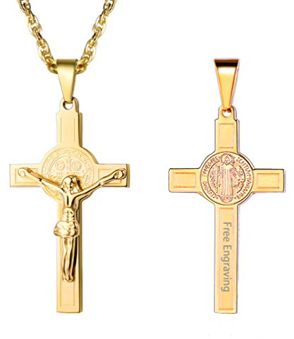 PROSTEEL Herren personalisiert Halskette Kruzifix Kreuz Anhänger mit Singapurkette Benediktuskreuz Religiöser Modeschmuck für Männer Jungen Edelstahl/18k vergoldet/schwarz Metall/Ionenplattieren blau