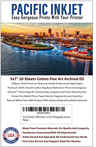 5x7 20 Sheets 100% Cotton Fine Art Matte Finish Double Sided Inkjet Paper - Professional Archival Grade Paper for Use with Inkjet Printers - OBA Free Printer Paper for Photography and Art