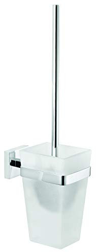 tesa DELUXXE Toilettenbürsten-Set, verchromt, mit satiniertem Glas - zur Wandbefestigung ohne Bohren, inkl. leistungsstarker Klebelösung - 98mm x 445mm x 138mm