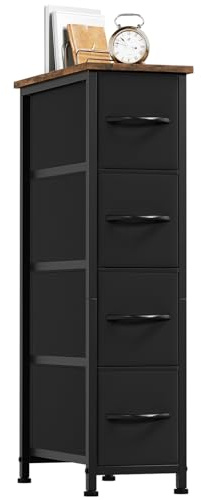 Somdot Schmale Kommode, Schlafzimmer, 4 Kleine Schubladen, Schwarz Braun | Komodenschrank, Stoffkommode, Wohnzimmer, mit Stoffschubladen, Metallrahmen, Holzwerkstoffplatte, 48T x 20B x 75H cm