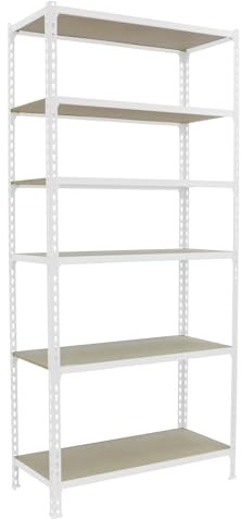 Simonrack Schwerlastregal, Lagerregal, 250x120x50 cm, Metallregal, Kellerregal, Biegestelle 200 kg, 6 Holzfachböden, Weiss/Holz - Maderclick