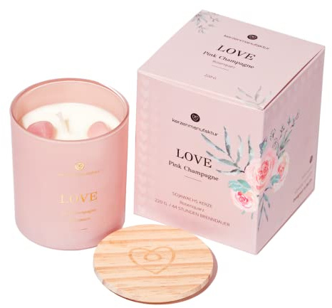 Kerzenmanufaktur Love Scented Candle Soja Wachs Kristallkerze (220g) Rosenquarz Vegane Kerze im Glas mit romantischen Düften von Pink Champagne (Himbeere, Rosenblüten)